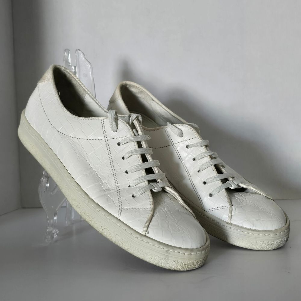 Salvatore Ferragamo Sport White Crocodile Embossed Leather Sneakers Size 5.5